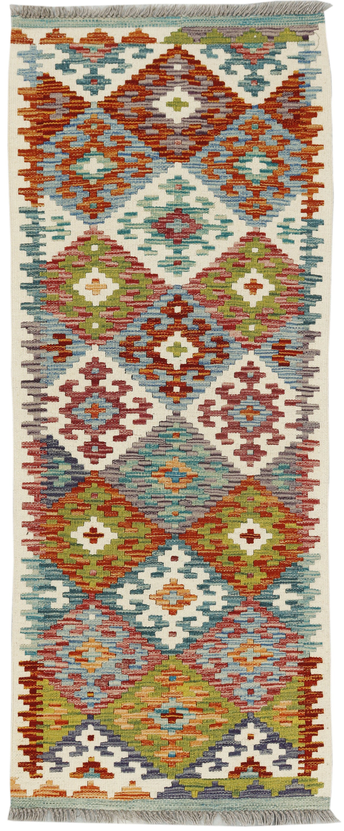 Afghan Kilim runner rug by eastofhere, 151cm long and 58cm wide, featuring traditional geometric patterns in vibrant colors.