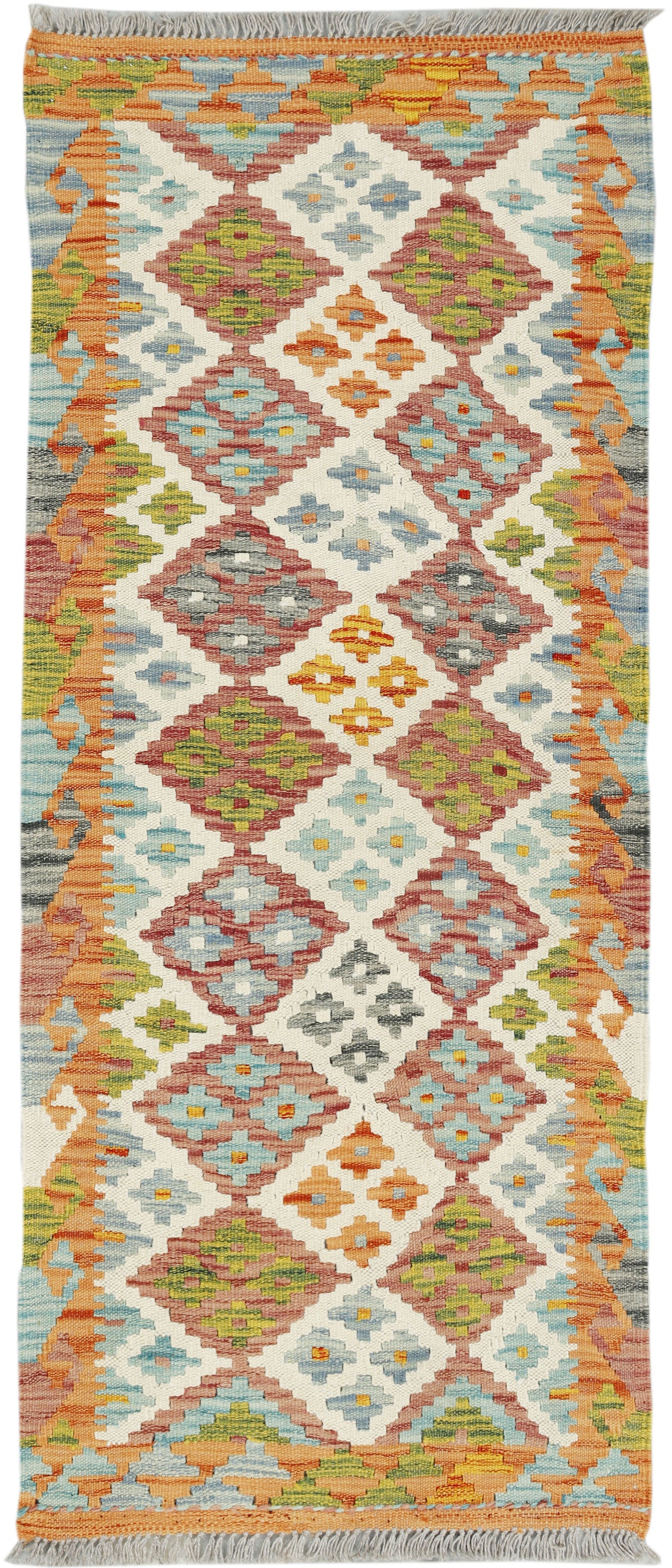 Afghan Kilim Runner rug by eastofhere, 145cm x 57cm, featuring traditional geometric patterns and vibrant colors.