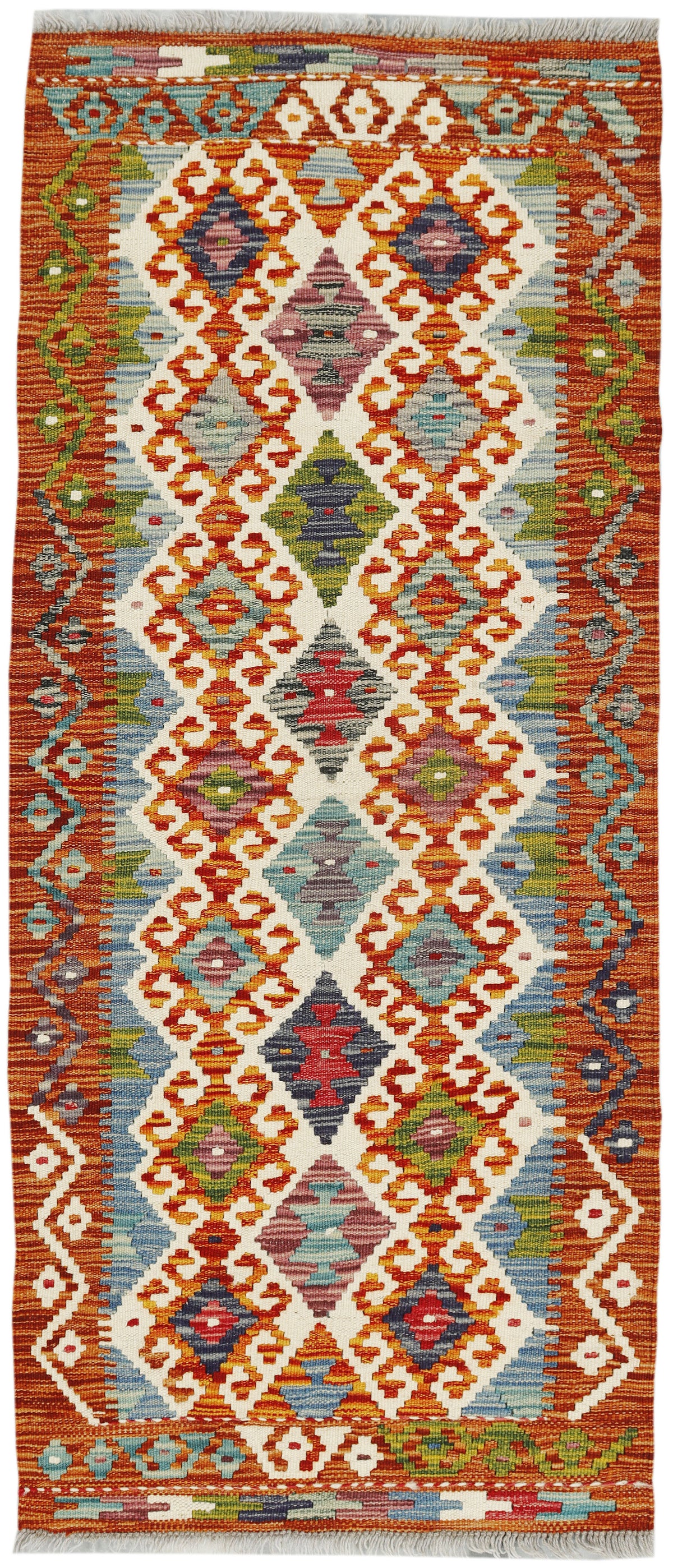 Afghan Kilim rug runner by eastofhere, 146x62cm, featuring traditional geometric patterns in vibrant colors on a woven textile.