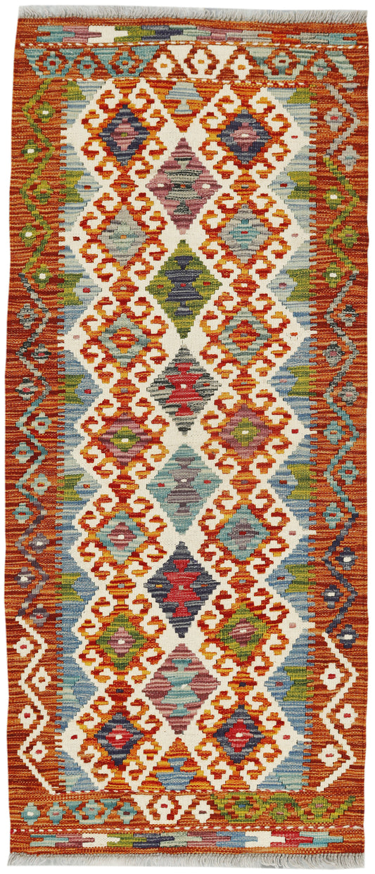 Afghan Kilim rug runner by eastofhere, 146x62cm, featuring traditional geometric patterns in vibrant colors on a woven textile.