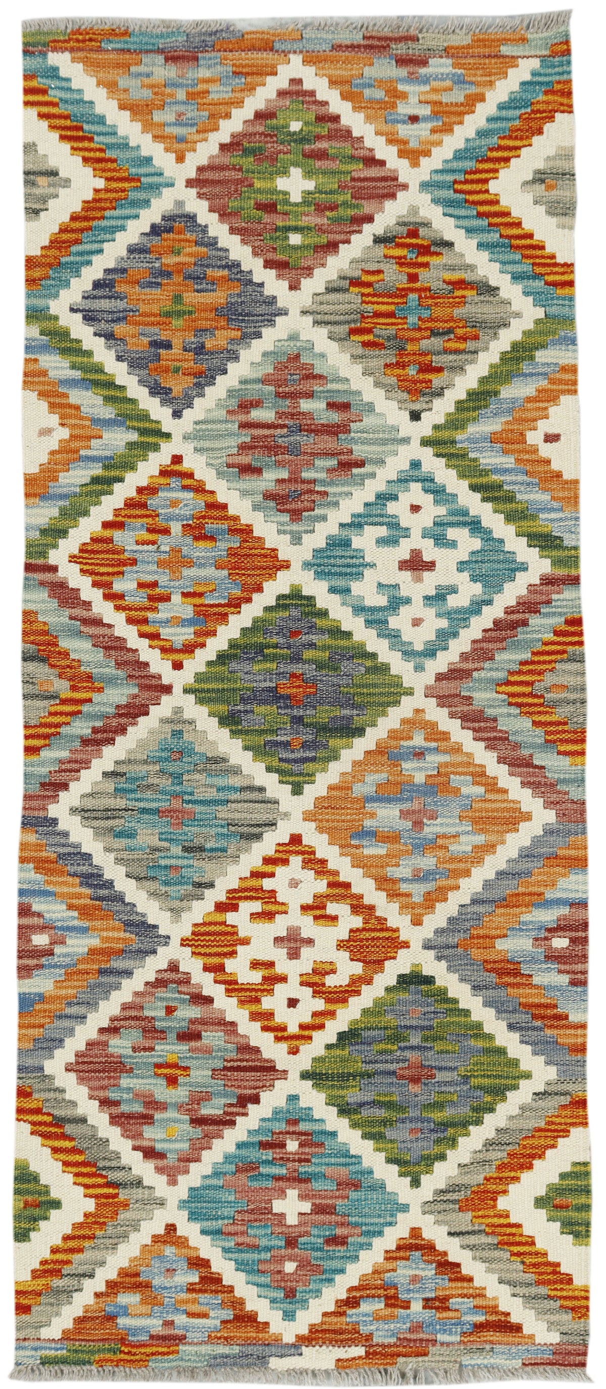 Afghan Kilim runner rug by eastofhere, 142x60cm, featuring traditional geometric patterns in vibrant colors, shown laid out on a wooden floor.