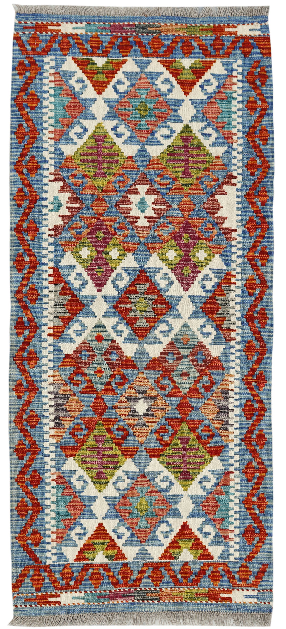Afghan Kilim runner rug by eastofhere, 150x63cm, featuring traditional geometric patterns in earthy tones on woven fabric.