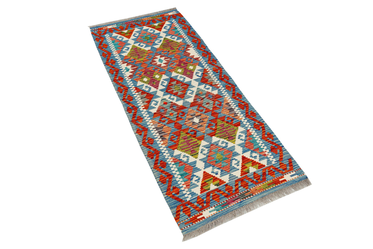 Afghan Kilim runner rug by eastofhere, 150x63cm, featuring colorful geometric patterns on woven textile.