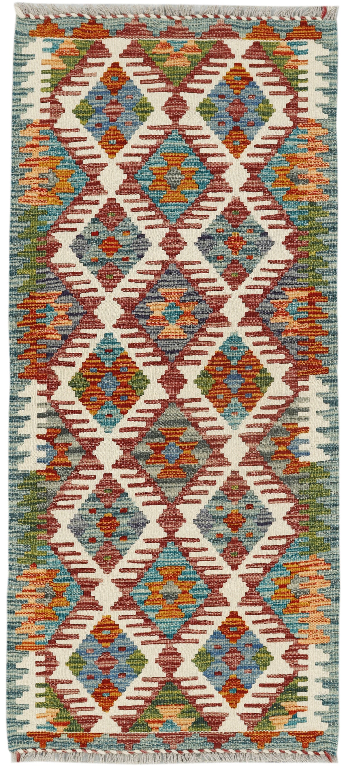Afghan Kilim runner rug by eastofhere, 141x63cm, featuring traditional geometric patterns in vibrant colors.
