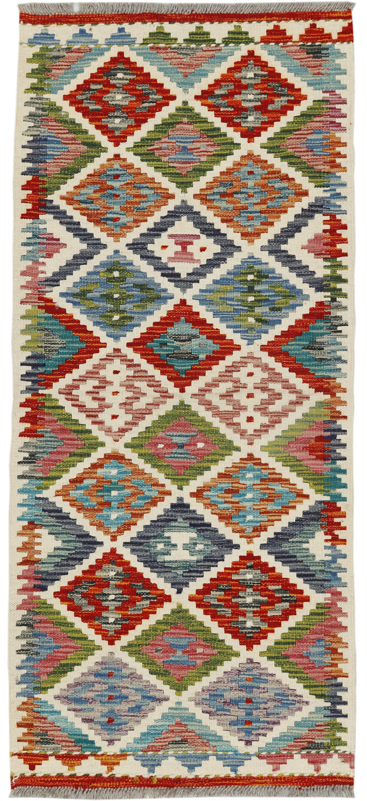 Afghan Kilim runner rug by eastofhere, 144x63cm with traditional geometric patterns and vibrant colors on woven fabric.