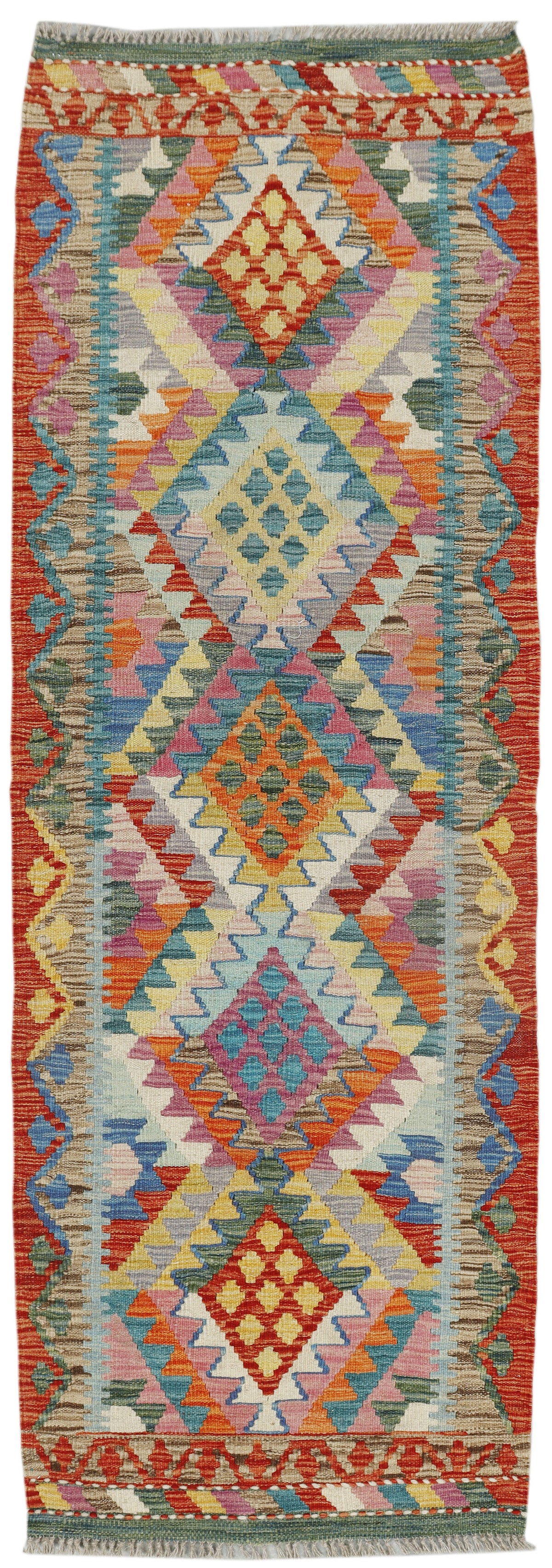 Afghan Kilim runner rug by eastofhere, 200x67cm, featuring traditional geometric patterns in vibrant colors.