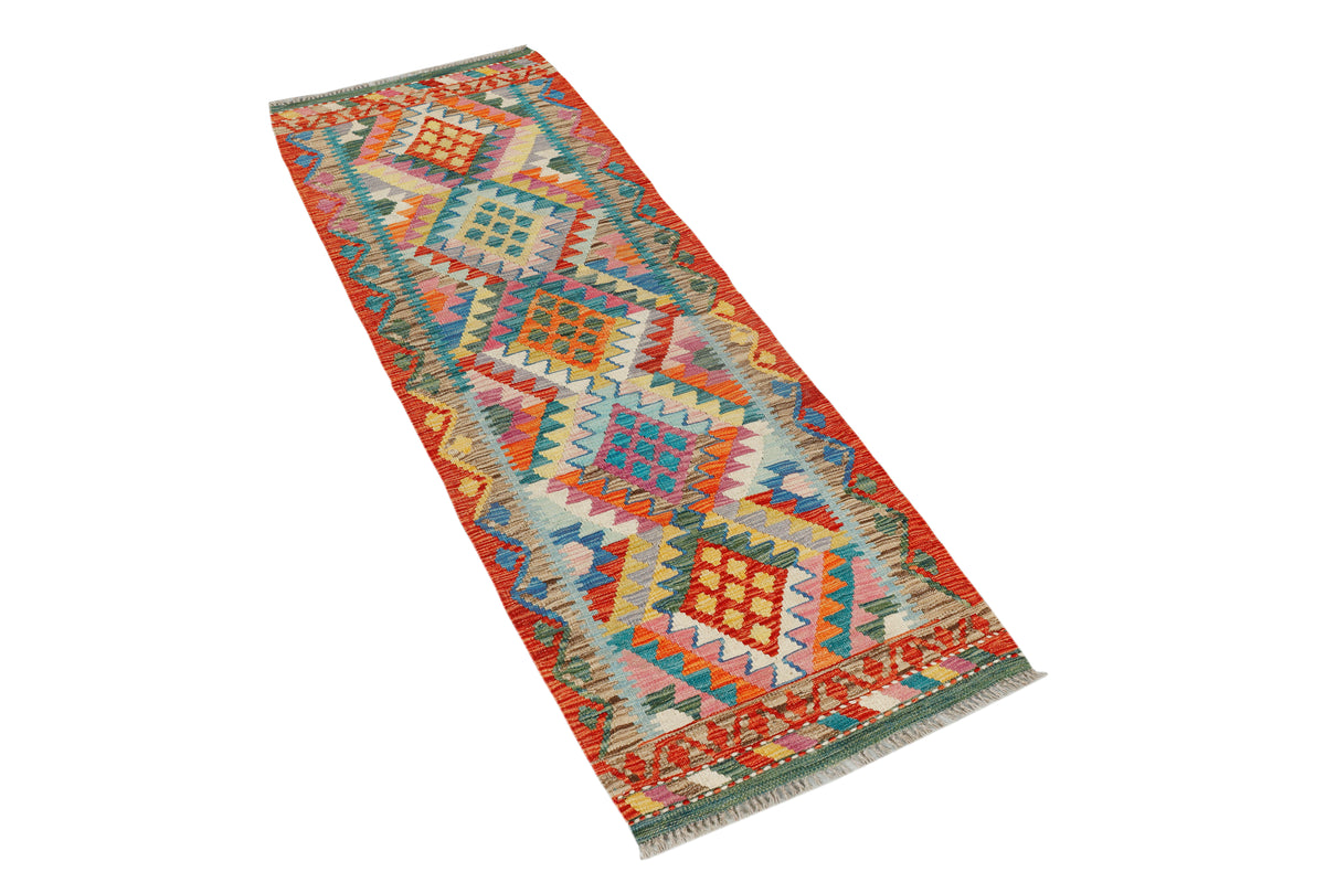 Afghan Kilim runner rug by eastofhere, 200cm long and 67cm wide, featuring traditional geometric patterns and vibrant colors.