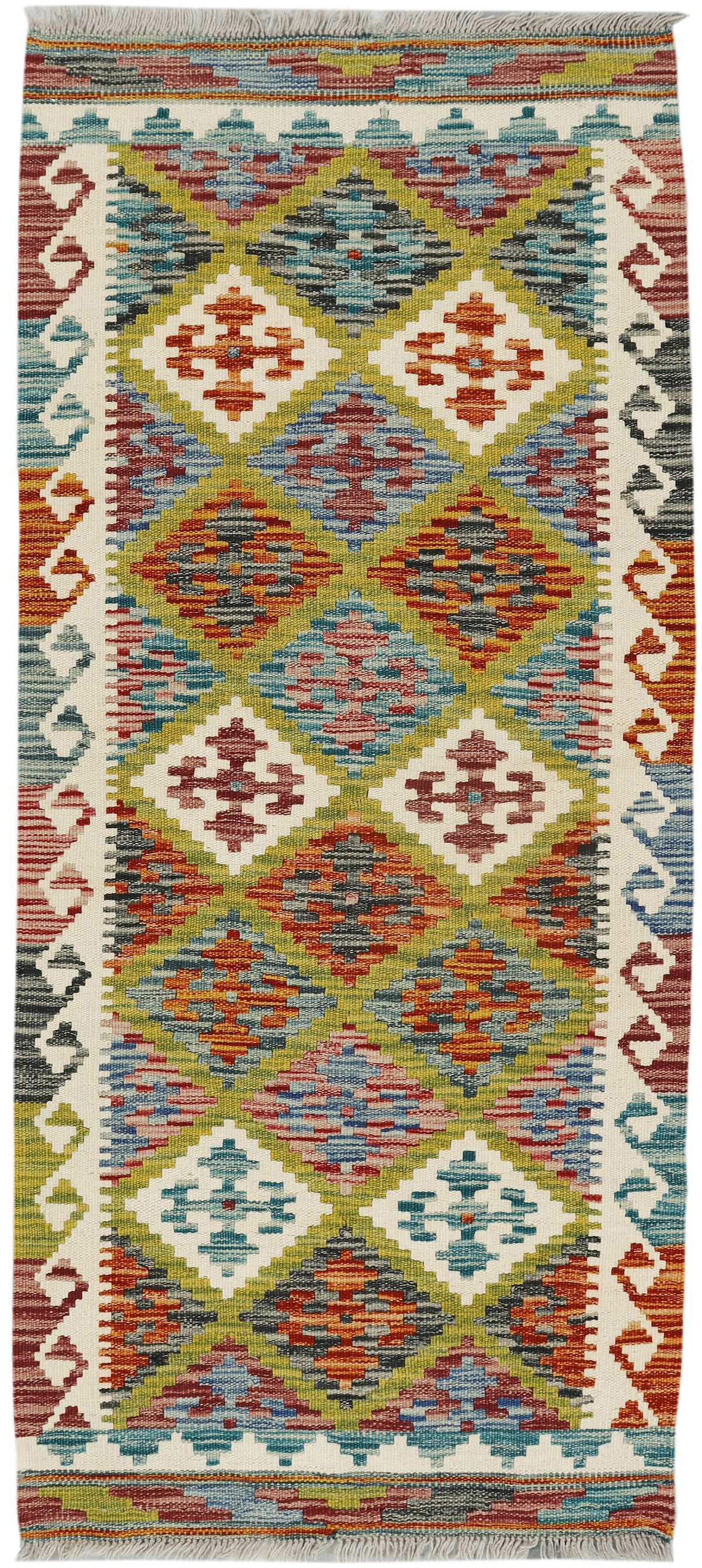 Afghan Kilim runner rug by eastofhere, 149x65cm with vibrant geometric patterns and traditional woven design.