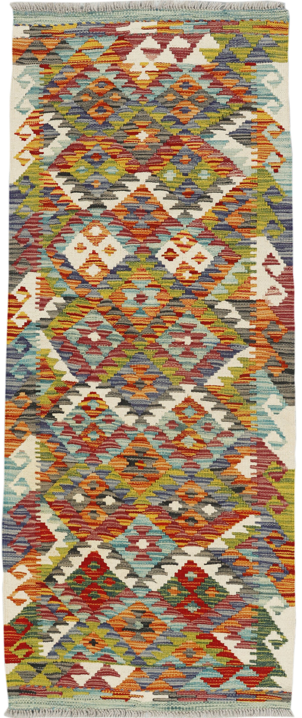 Afghan Kilim runner rug by eastofhere, 145x59cm, featuring traditional geometric patterns in vibrant colors.