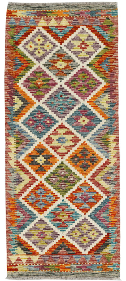 Afghan Kilim runner rug by eastofhere, 153x63cm, featuring traditional geometric patterns and vibrant colors.
