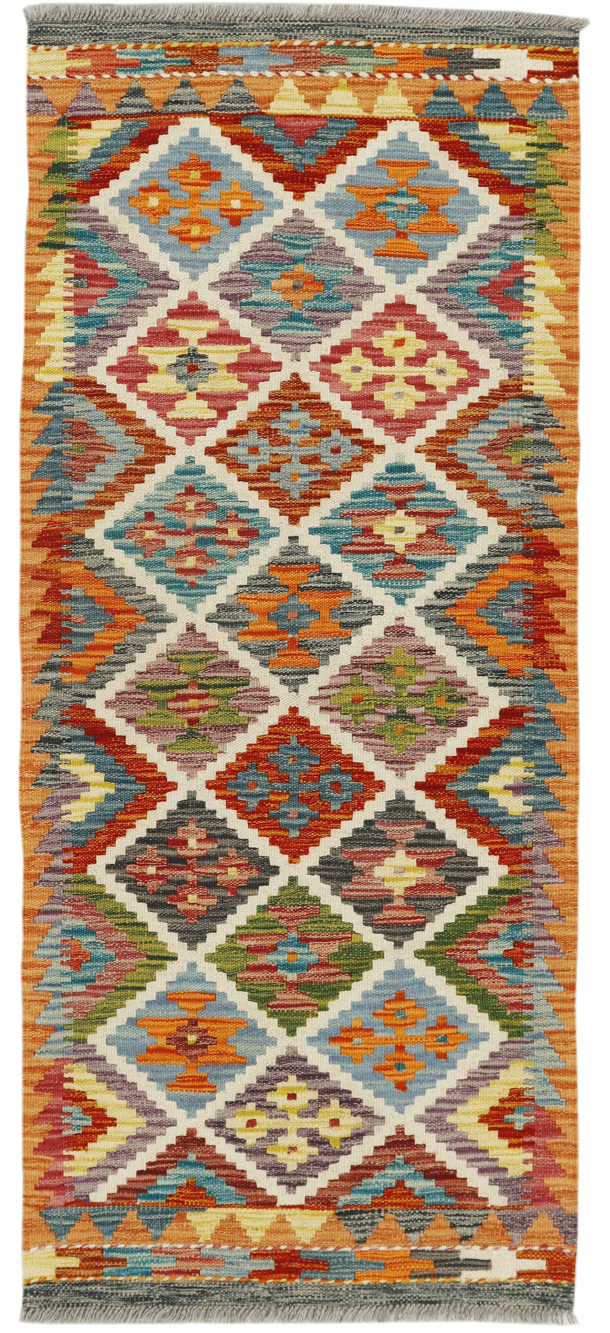 Afghan Kilim runner rug by eastofhere, 152x62cm, featuring traditional geometric patterns in vibrant colors and handcrafted design.