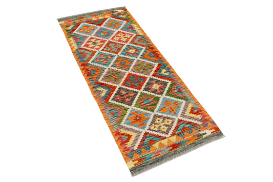 Afghan Kilim runner rug by eastofhere, 152x62cm, featuring vibrant geometric patterns and traditional handcrafted textile design.