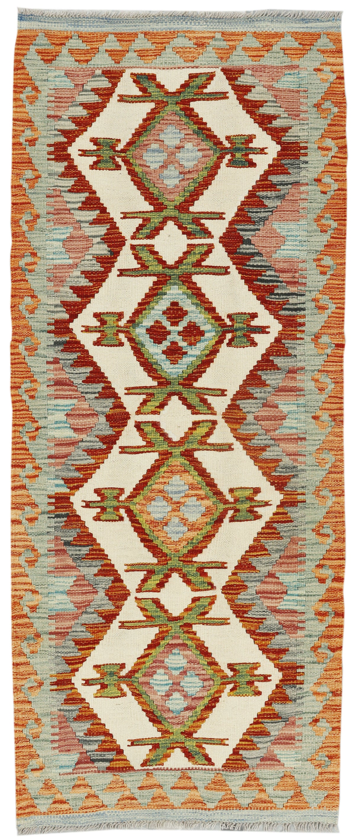 Afghan Kilim runner rug by eastofhere, 164x66cm with vibrant geometric patterns and traditional woven design.