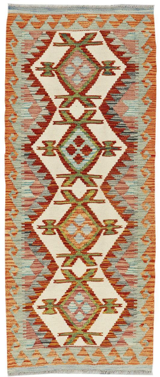 Afghan Kilim runner rug by eastofhere, 164x66cm with vibrant geometric patterns and traditional woven design.