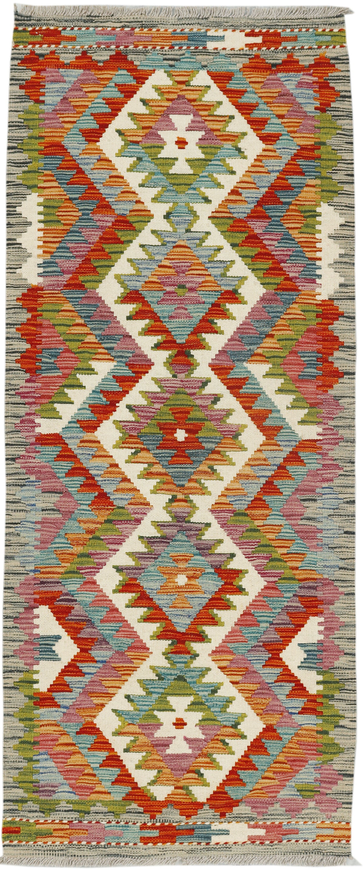 Afghan Kilim runner rug by eastofhere, 152cm x 61cm, featuring vibrant geometric patterns and traditional woven design.