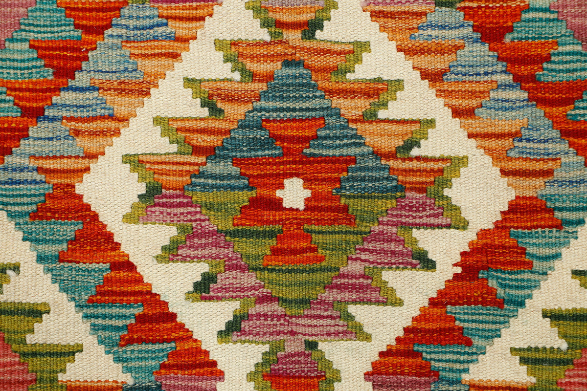 Afghan Kilim runner rug by eastofhere featuring traditional geometric patterns, 152 x 61 cm, colorful woven textile for hallway decor.