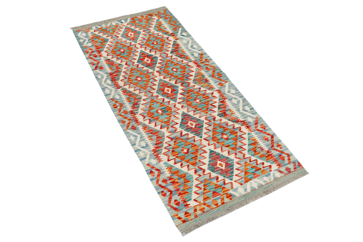 Afghan Kilim rug runner by eastofhere, 158cm x 68cm, featuring traditional geometric patterns and vibrant colors.