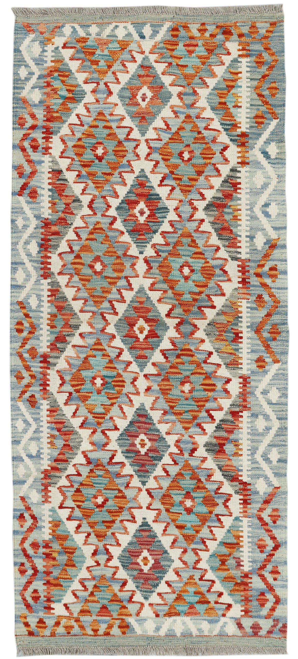Afghan Kilim runner rug by eastofhere, 158cm long and 68cm wide, featuring traditional geometric patterns and vibrant colors.