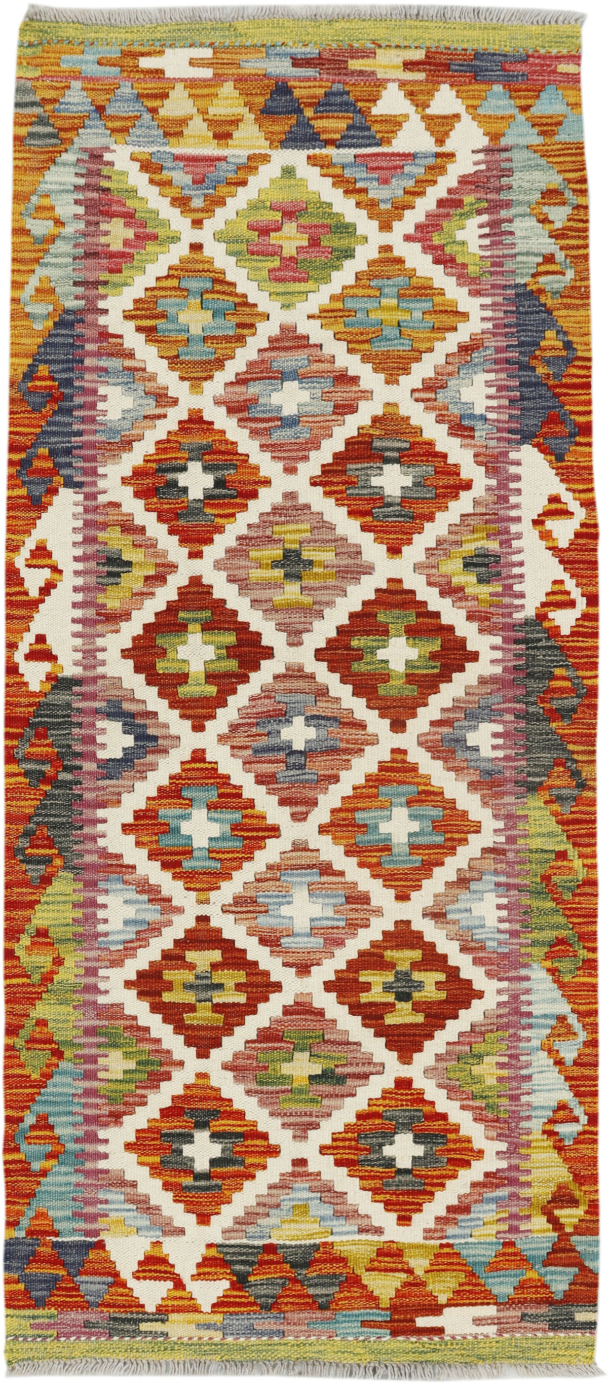 Afghan Kilim runner rug by eastofhere, 150x64cm, featuring traditional geometric patterns and vibrant colors on woven textile.