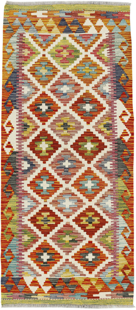 Afghan Kilim runner rug by eastofhere, 150x64cm, featuring traditional geometric patterns and vibrant colors on woven textile.