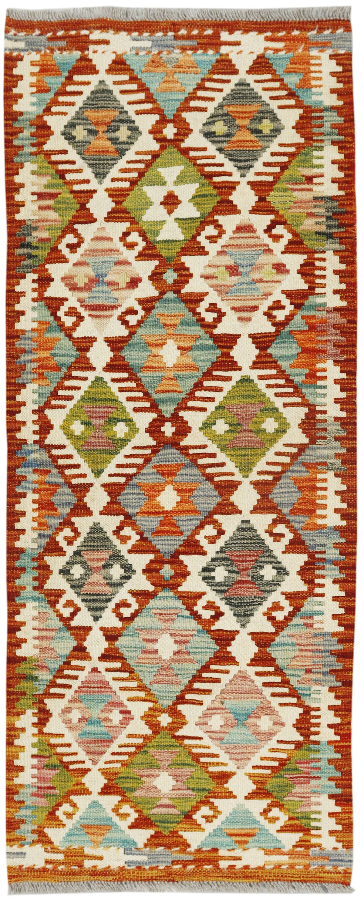 Afghan Kilim runner rug by eastofhere, 145x57cm, featuring traditional geometric patterns and vibrant colors.