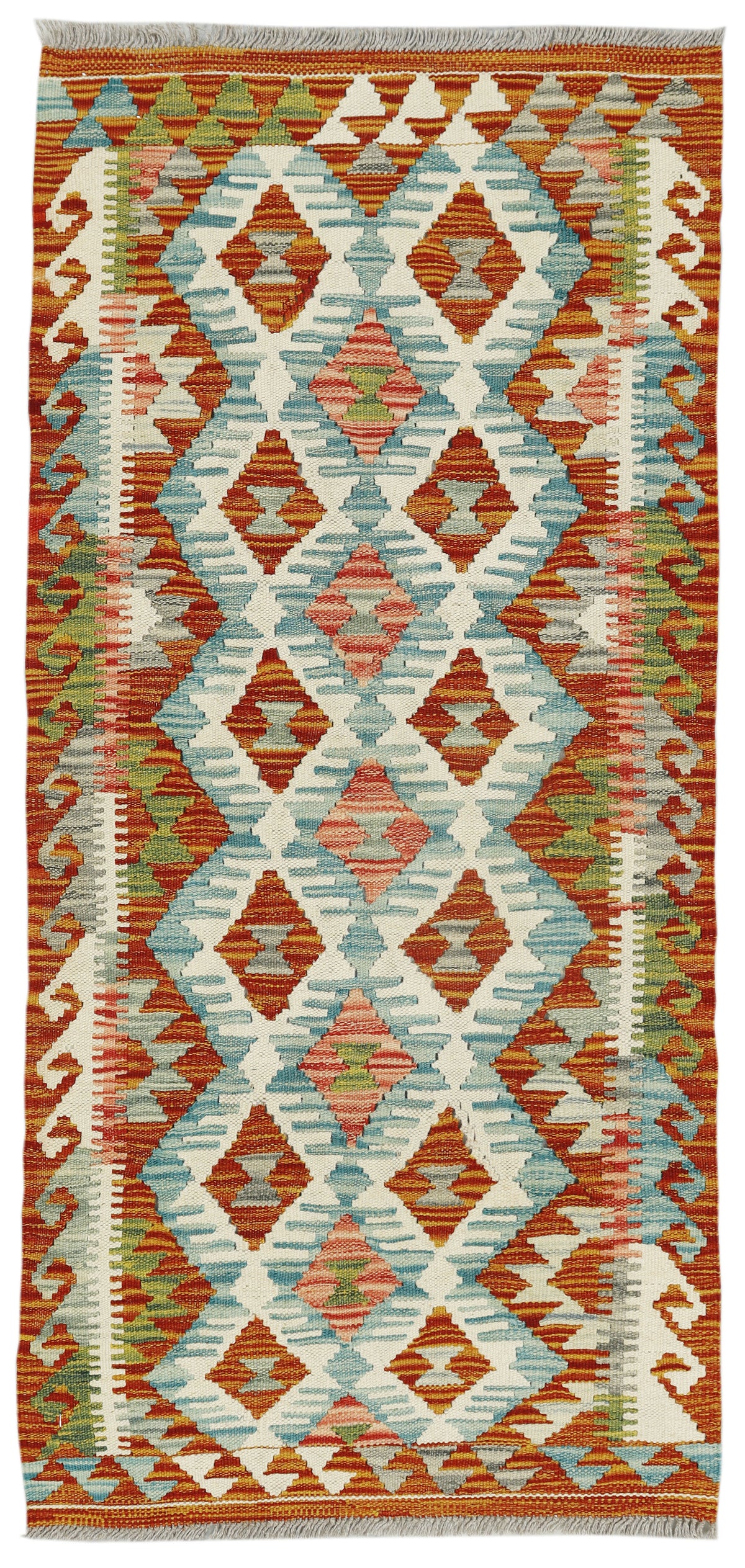 Afghan Kilim Runner rug by eastofhere, 133x63cm, featuring traditional geometric patterns in vibrant colors.