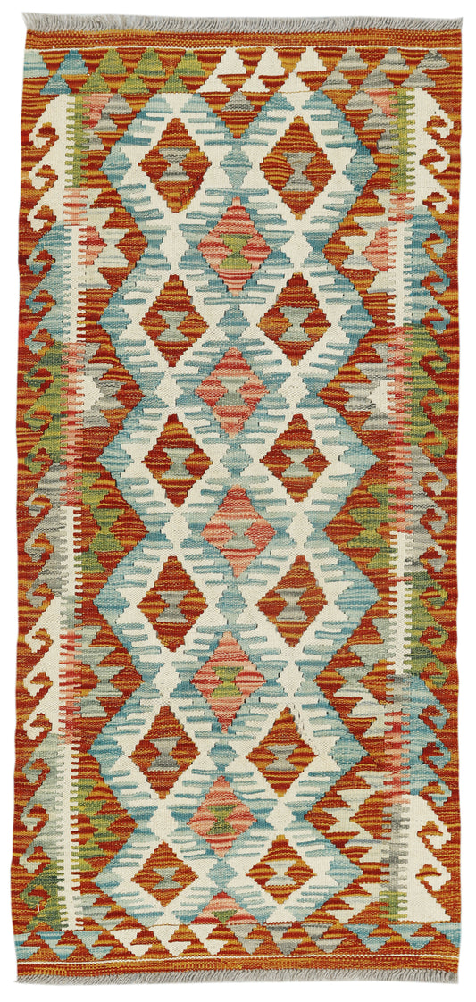 Afghan Kilim Runner rug by eastofhere, 133x63cm, featuring traditional geometric patterns in vibrant colors.