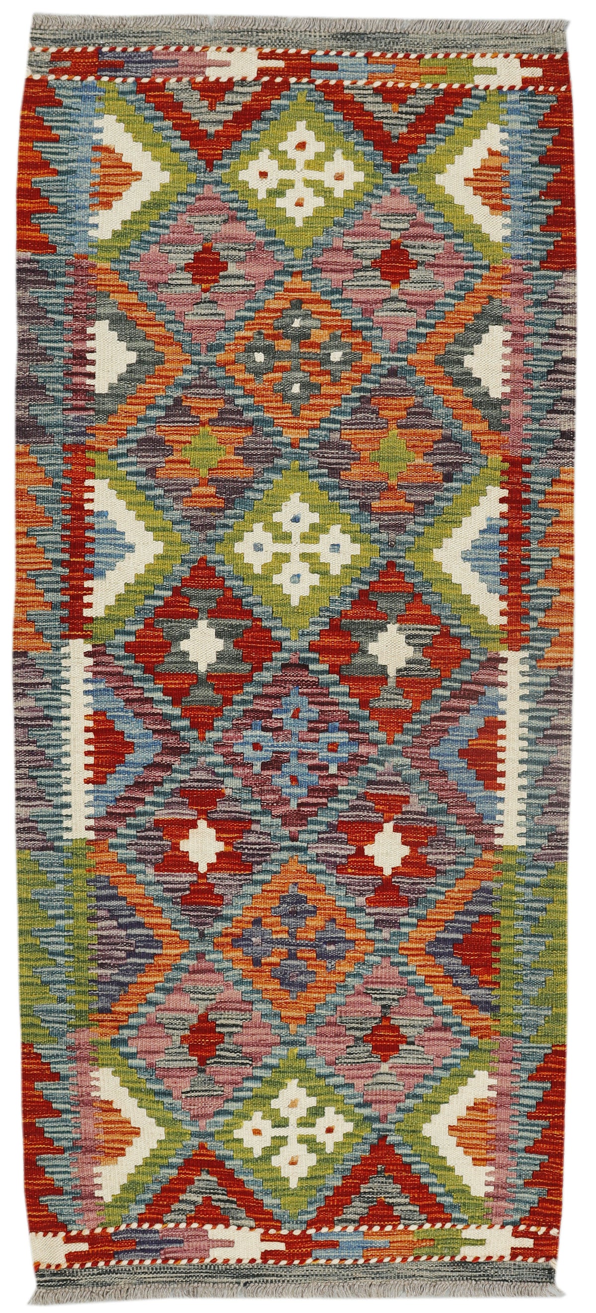 Afghan Kilim rug runner by eastofhere, 150cm x 65cm, featuring traditional geometric patterns and vibrant colors on a woven surface.