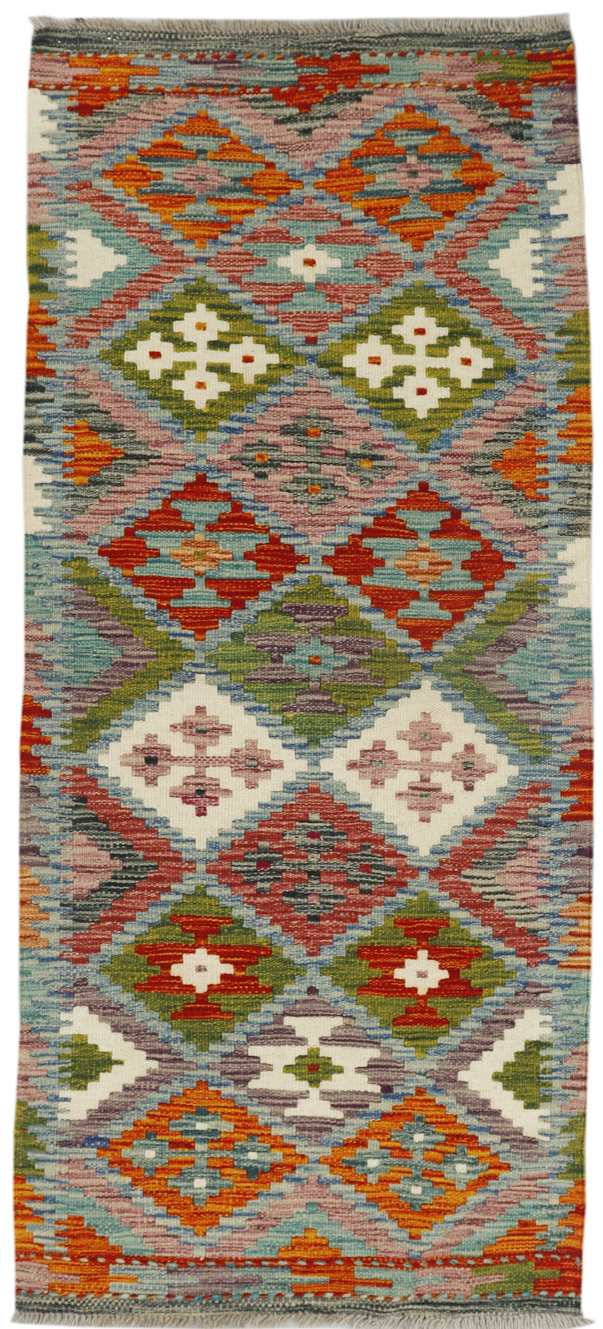 Afghan Kilim runner rug by eastofhere, 153x66cm with traditional geometric patterns and vibrant colors on woven textile.