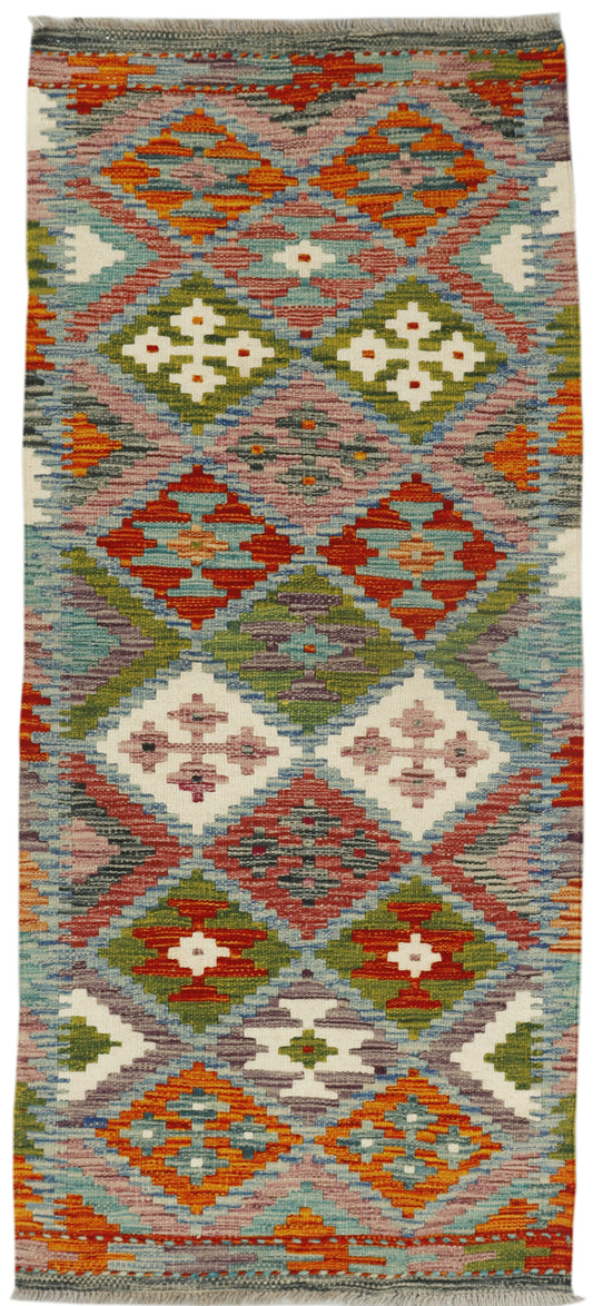 Afghan Kilim runner rug by eastofhere, 153x66cm with traditional geometric patterns and vibrant colors on woven textile.