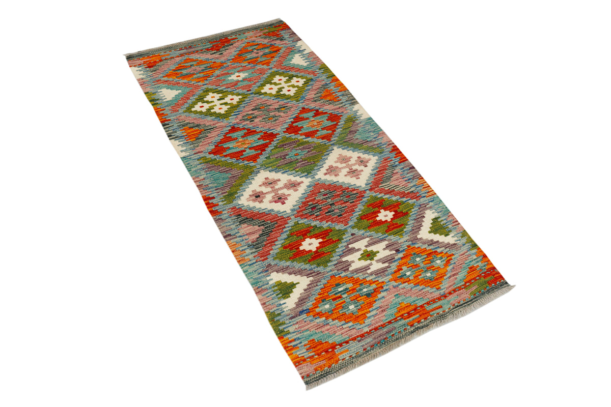 Afghan Kilim runner rug by eastofhere, 153x66cm, featuring traditional geometric patterns and vibrant colors on a woven textile.
