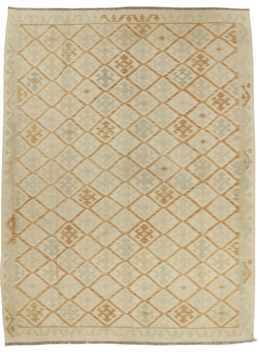 Afghan Kilim rug in vibrant geometric patterns, size 285x217cm, by East of Here, showcasing traditional handwoven textile design.