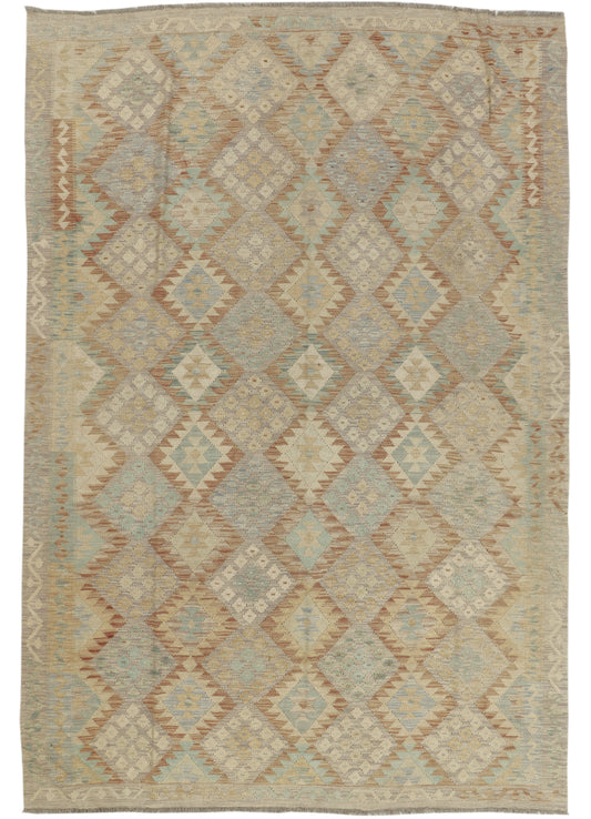 Afghan Kilim rug by East of Here showing vibrant geometric patterns in red, blue, and beige, measuring 295 x 200cm.