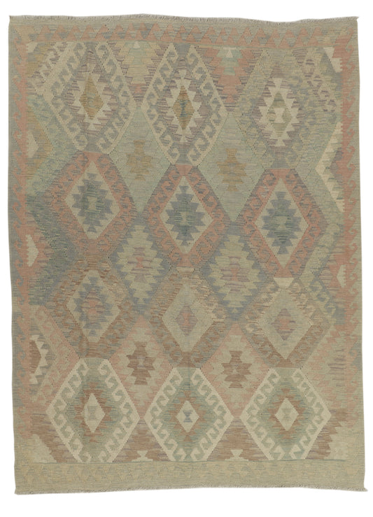 Colorful Afghan Kilim rug from East of Here, 241 x 184cm, featuring traditional geometric patterns and vibrant woven designs.