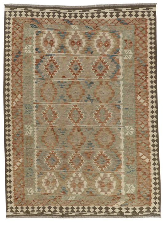 Afghan Kilim rug from East of Here, 235x173cm, featuring intricate geometric patterns and vibrant colors.