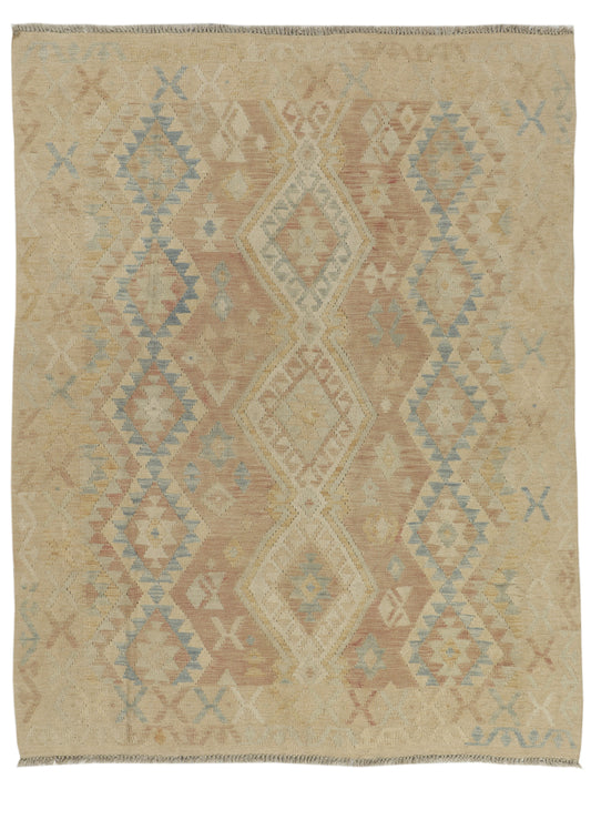 Afghan Kilim rug by East of Here, 225x176cm, featuring traditional geometric patterns and vibrant colors on a woven textile.