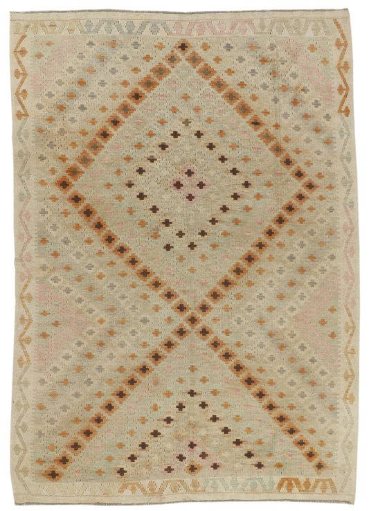 Afghan Kilim rug by eastofhere, 248x180cm, featuring traditional geometric patterns and vibrant earthy colors.