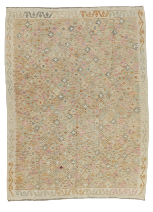 Afghan Kilim rug in vibrant geometric patterns, 242x180cm, handmade by eastofhere with traditional woven design.