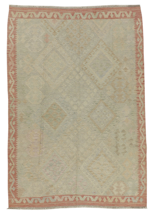 Afghan Kilim rug by eastofhere, woven textile with traditional geometric patterns, measuring 232x161cm, displayed on a floor.