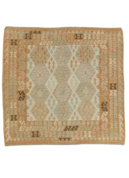 Afghan Kilim rug by eastofhere, 197x188cm, featuring traditional geometric patterns in vibrant colors and intricate weaving details.