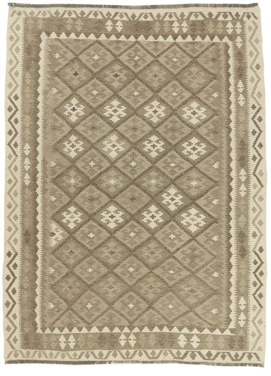 Afghan Kilim rug by eastofhere with geometric patterns, 240x180cm, colorful handmade textile for home decor.