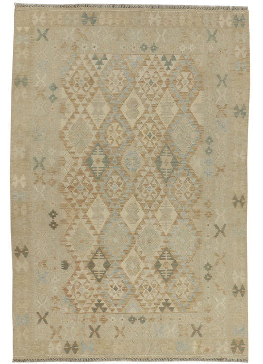 Afghan Kilim rug by eastofhere, 240x161cm, featuring traditional geometric patterns and vibrant colors on woven fabric.