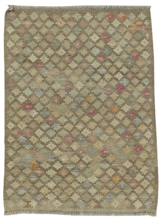 Afghan Kilim rug by eastofhere, 130x96cm, featuring traditional geometric patterns and vibrant colors on woven textile.