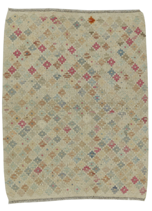 Afghan Kilim rug from eastofhere, 133x101cm, featuring traditional geometric patterns in vibrant colors on woven textile.