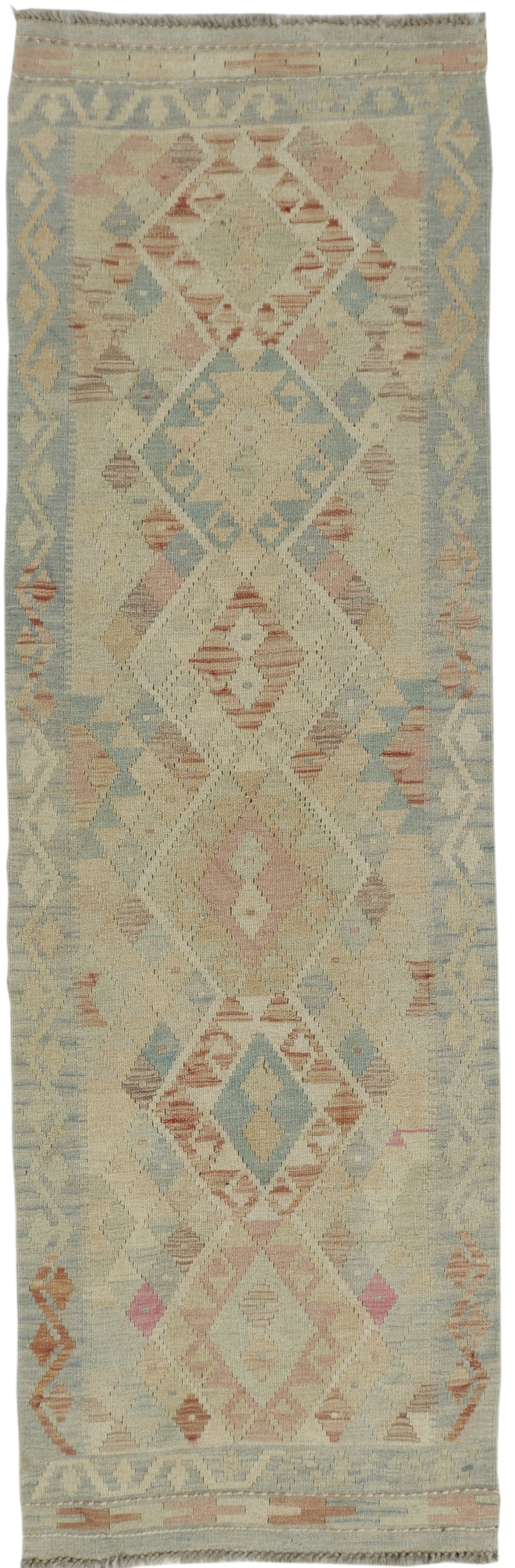Afghan Kilim runner rug by eastofhere, featuring vibrant geometric patterns in earthy tones, measuring 239x76cm.