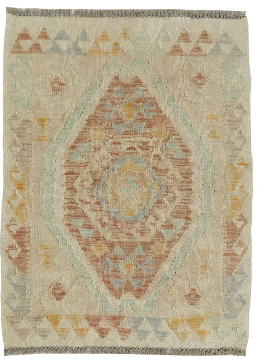 Afghan Kilim rug by eastofhere, 101x77cm, featuring traditional geometric patterns in vibrant colors on woven textile.