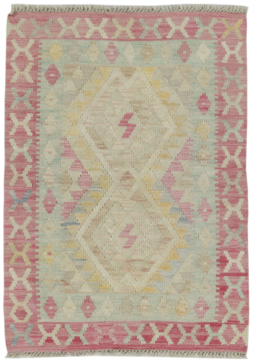 Afghan Kilim rug by eastofhere, 107x76cm, featuring traditional geometric patterns in vibrant colors and woven textile design.
