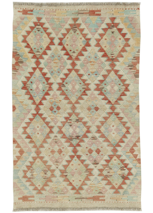 Afghan Kilim rug by eastofhere featuring traditional geometric patterns in vibrant colors, measuring 125x81cm.
