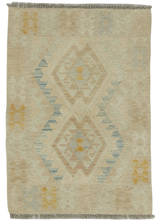 Afghan Kilim Rug by eastofhere, 109x76cm, featuring traditional geometric patterns in vibrant colors on woven textile.