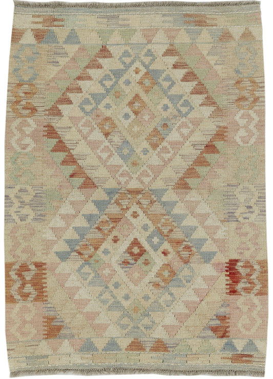 Afghan Kilim rug from eastofhere, 115x83cm, featuring traditional geometric patterns and vibrant colors on woven fabric.